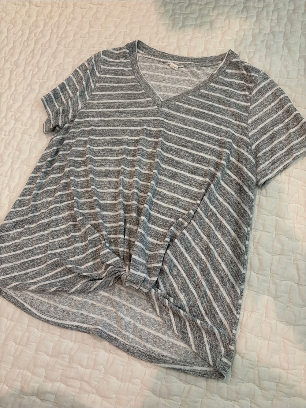 Caslon Gray & White Striped V-Neck Short Sleeve Top